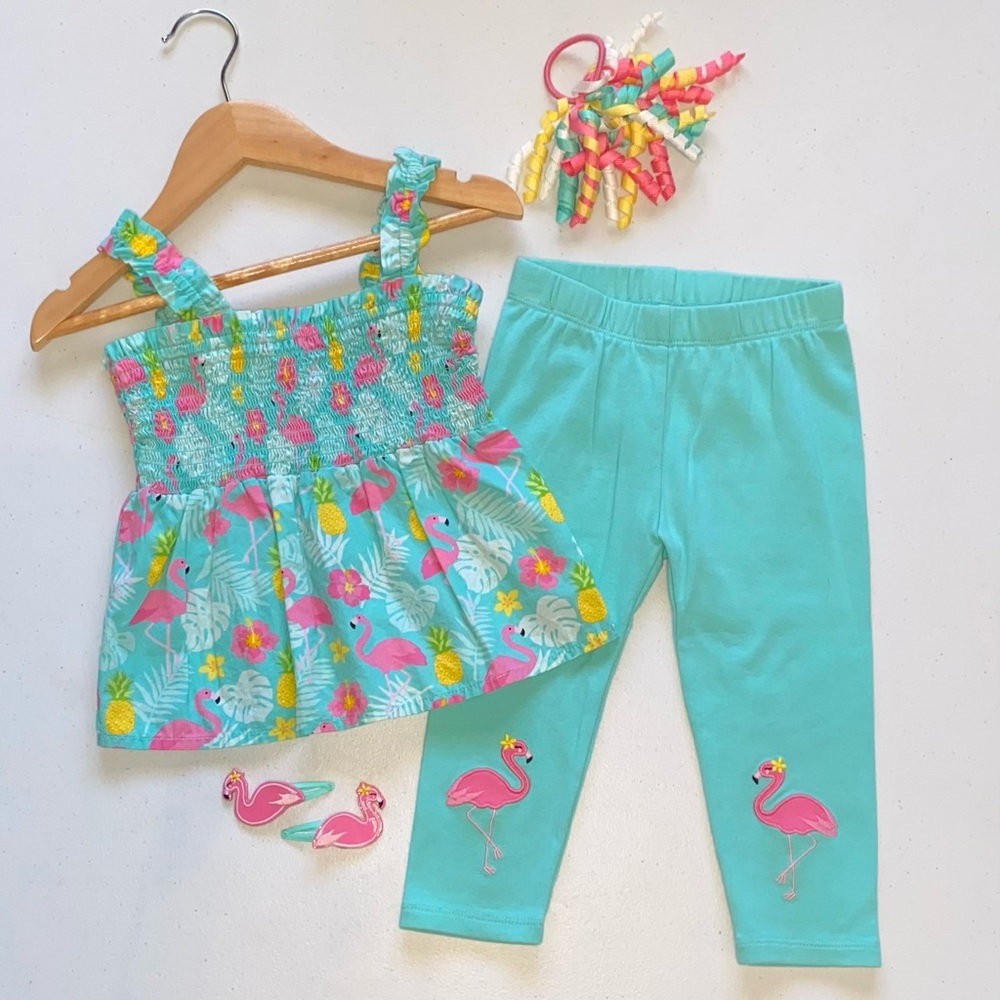 🦩Gymboree Flamingo Capri Set with Hair Accessories